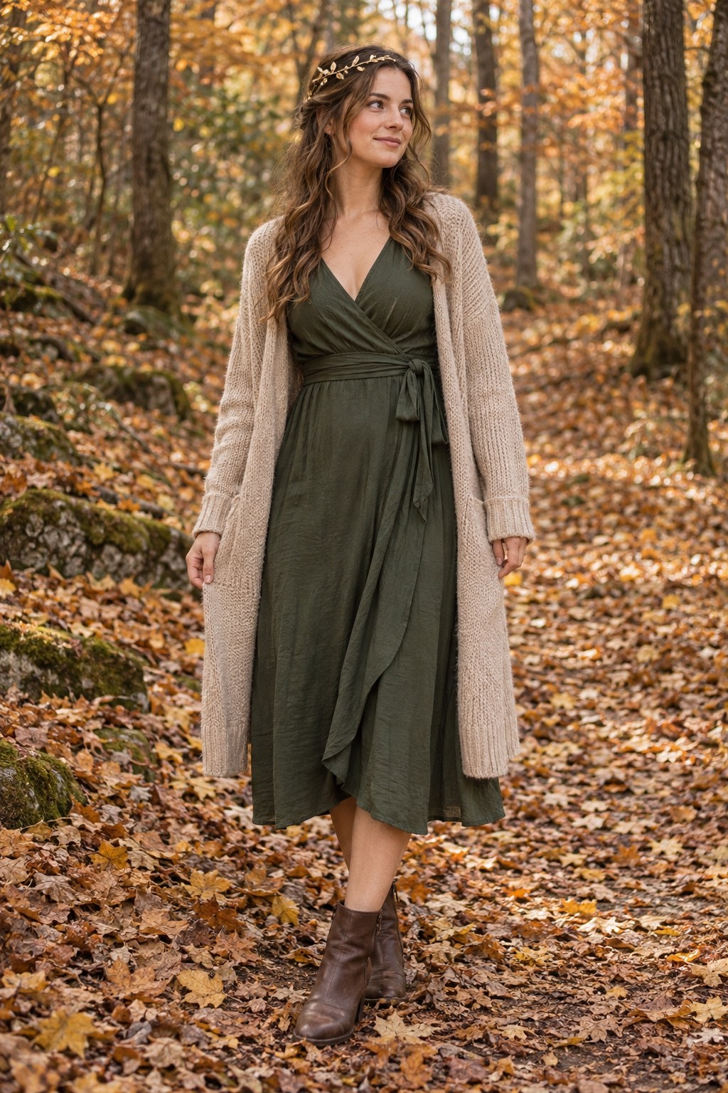 Forest fairy-inspired outfit with a moss-green wrap dress, oatmeal cardigan, boots and leaf headband.