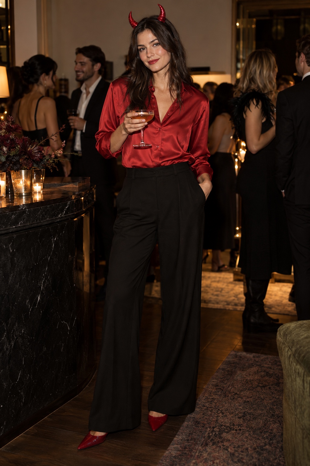 Red devil Halloween outfit with a red satin blouse, black wide-leg trousers, red flats and small horn headband.