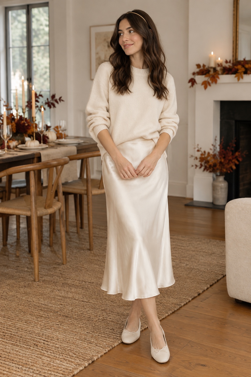 Angel-inspired Halloween outfit with an ivory slip skirt, cream sweater, pale flats and gold headband.