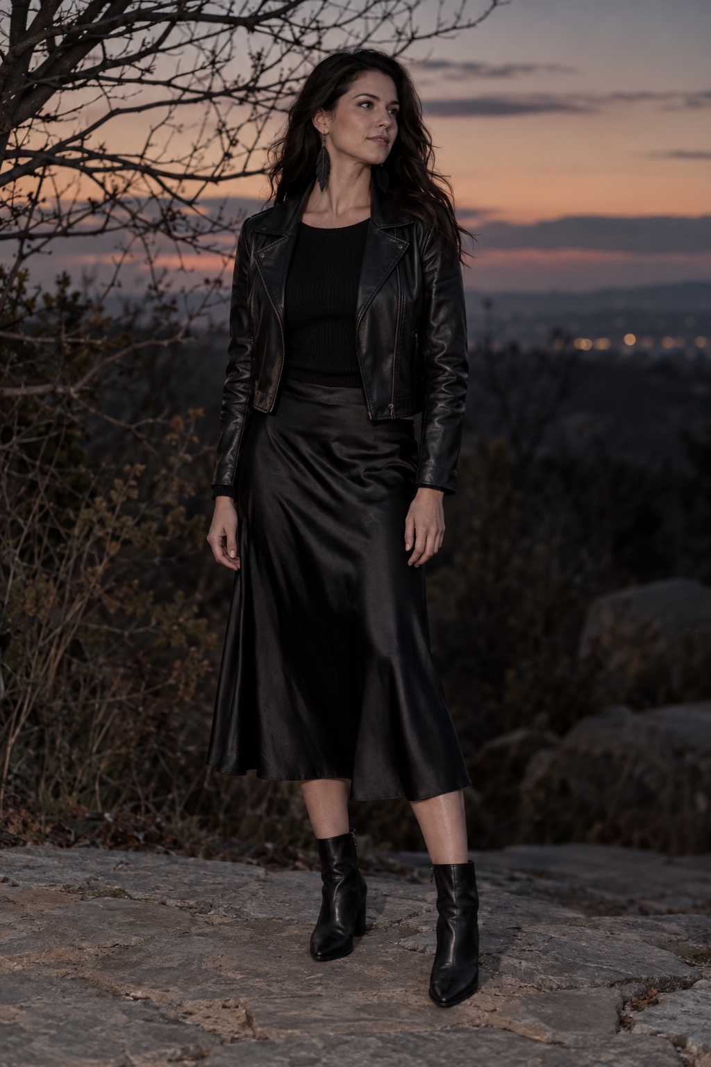 Raven-inspired Halloween outfit with a black satin skirt, black knit, leather jacket and ankle boots.