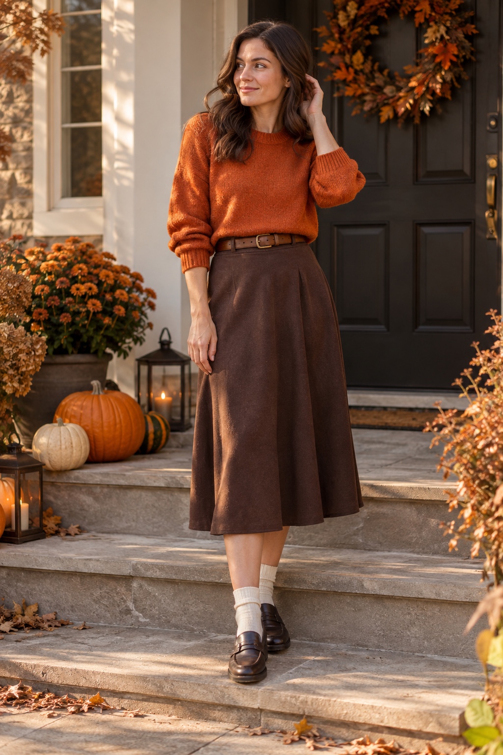 Halloween color outfit with burnt-orange sweater, brown midi skirt, belt, cream socks and loafers.