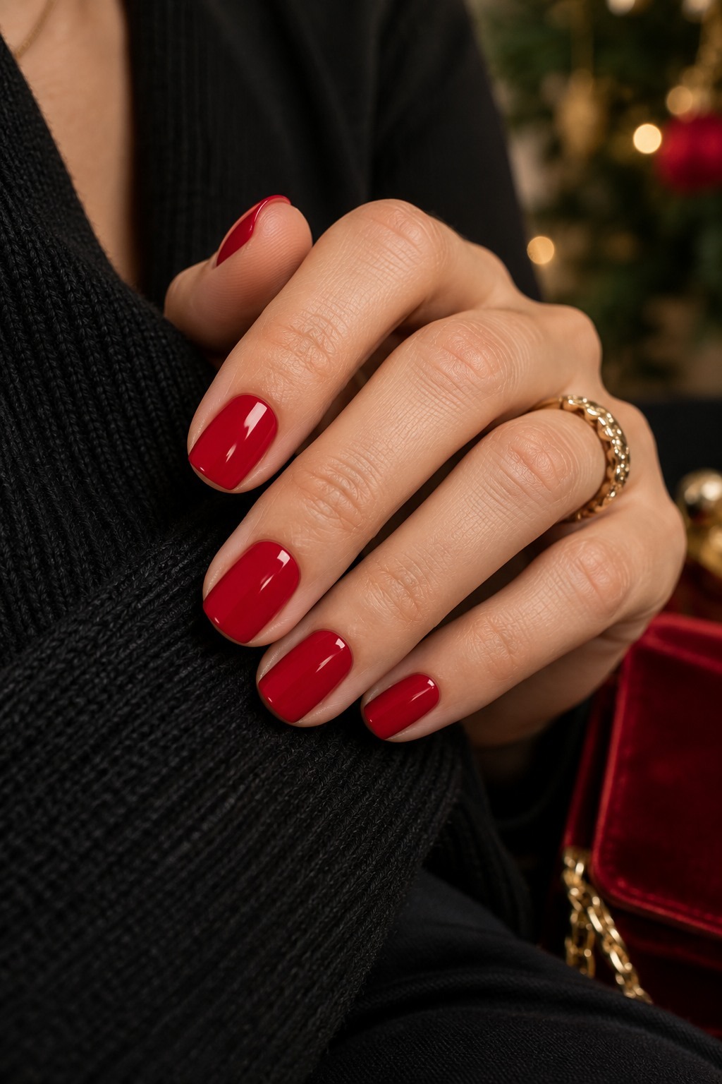 Large manicure and outfit example for nail color for a christmas party dress.