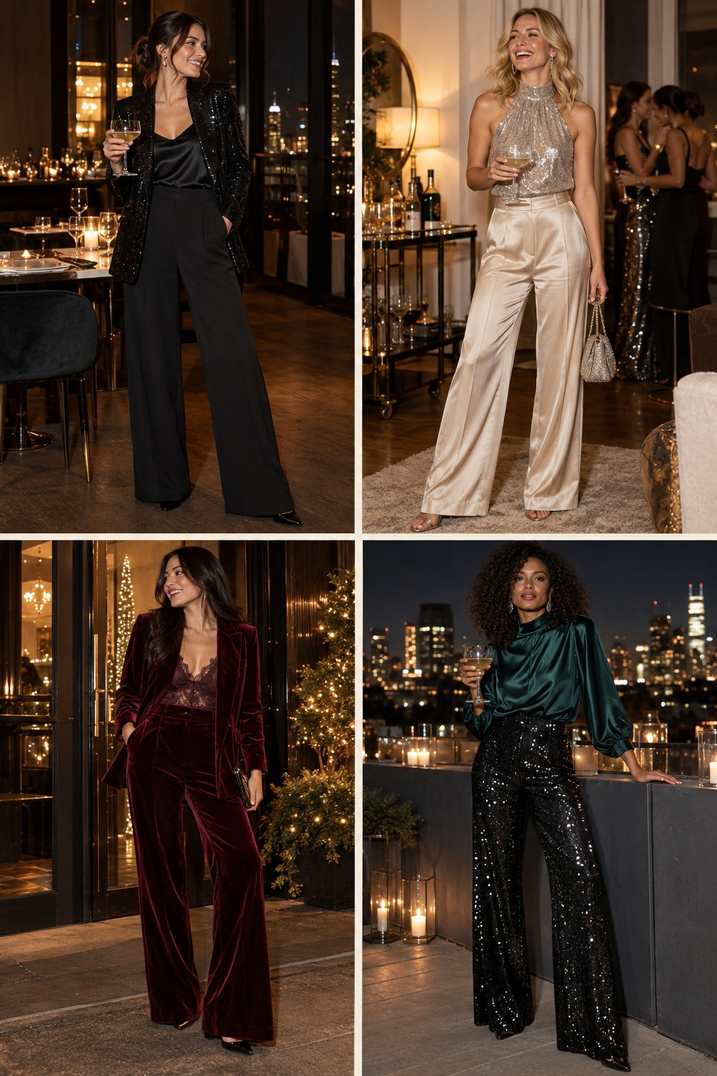 Practical visual guide to New Year's Eve outfits with pants with coordinated winter colors and layers.