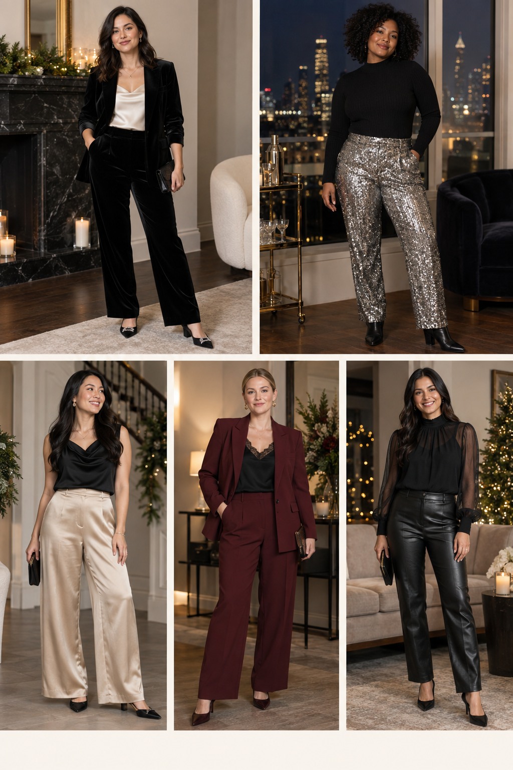 Five examples of New Year's Eve outfits with pants with polished winter styling.