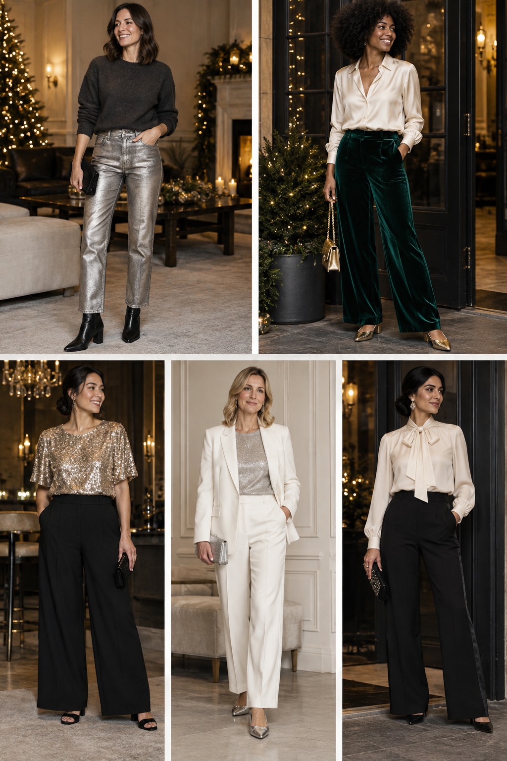 Five examples of New Year's Eve outfits with pants with polished winter styling.