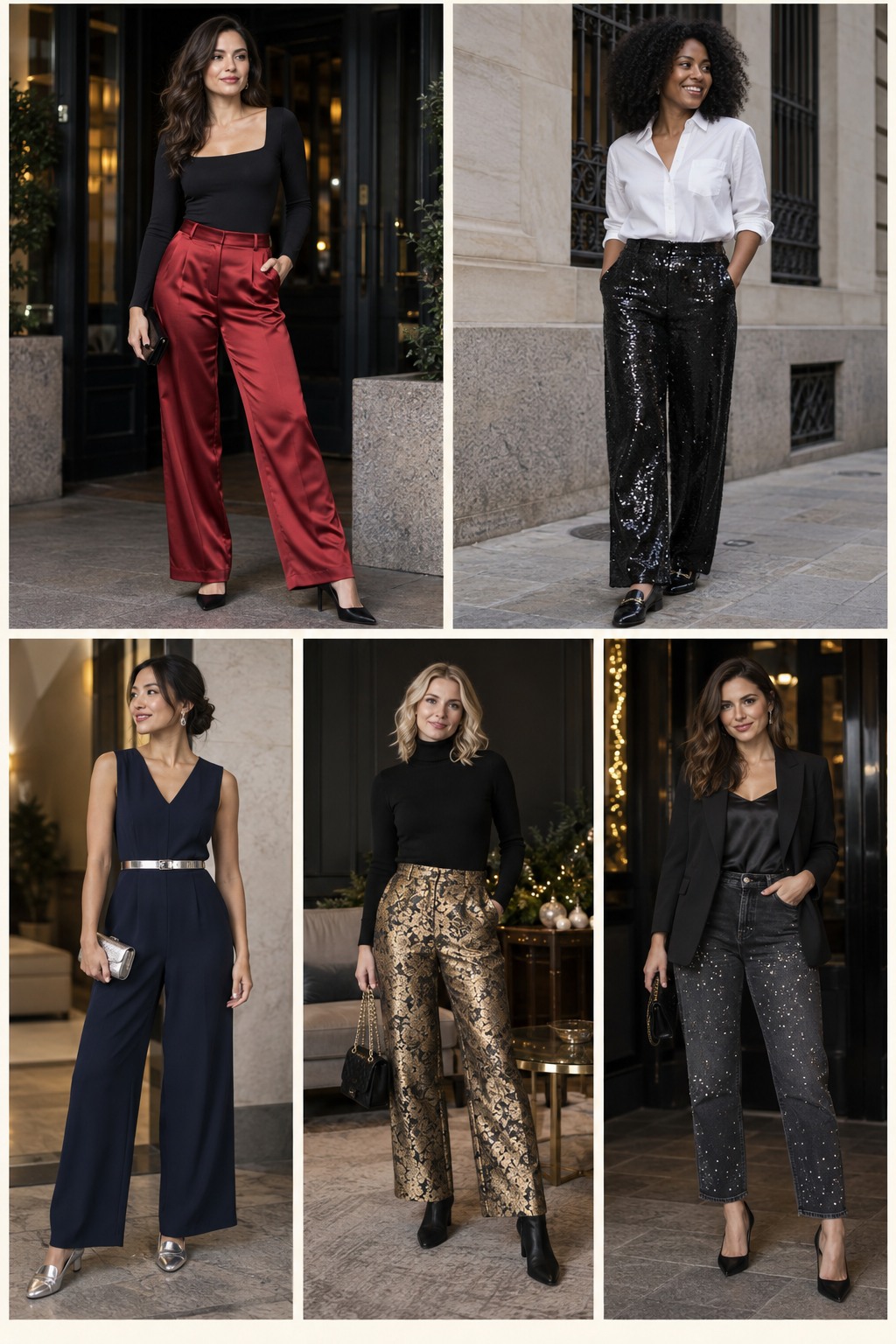 Five examples of New Year's Eve outfits with pants with polished winter styling.