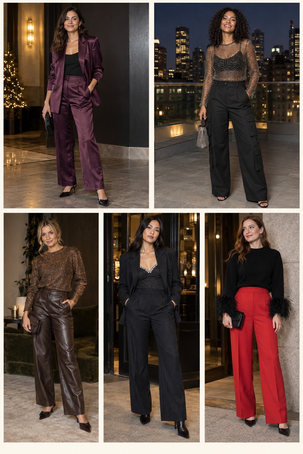Five examples of New Year's Eve outfits with pants with polished winter styling.