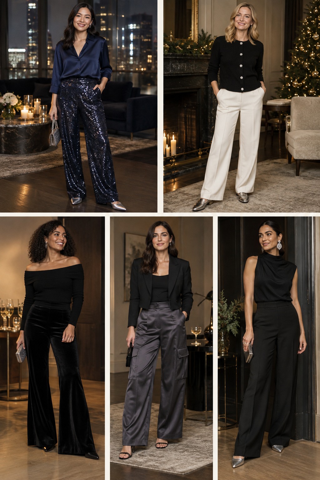 Five examples of New Year's Eve outfits with pants with polished winter styling.
