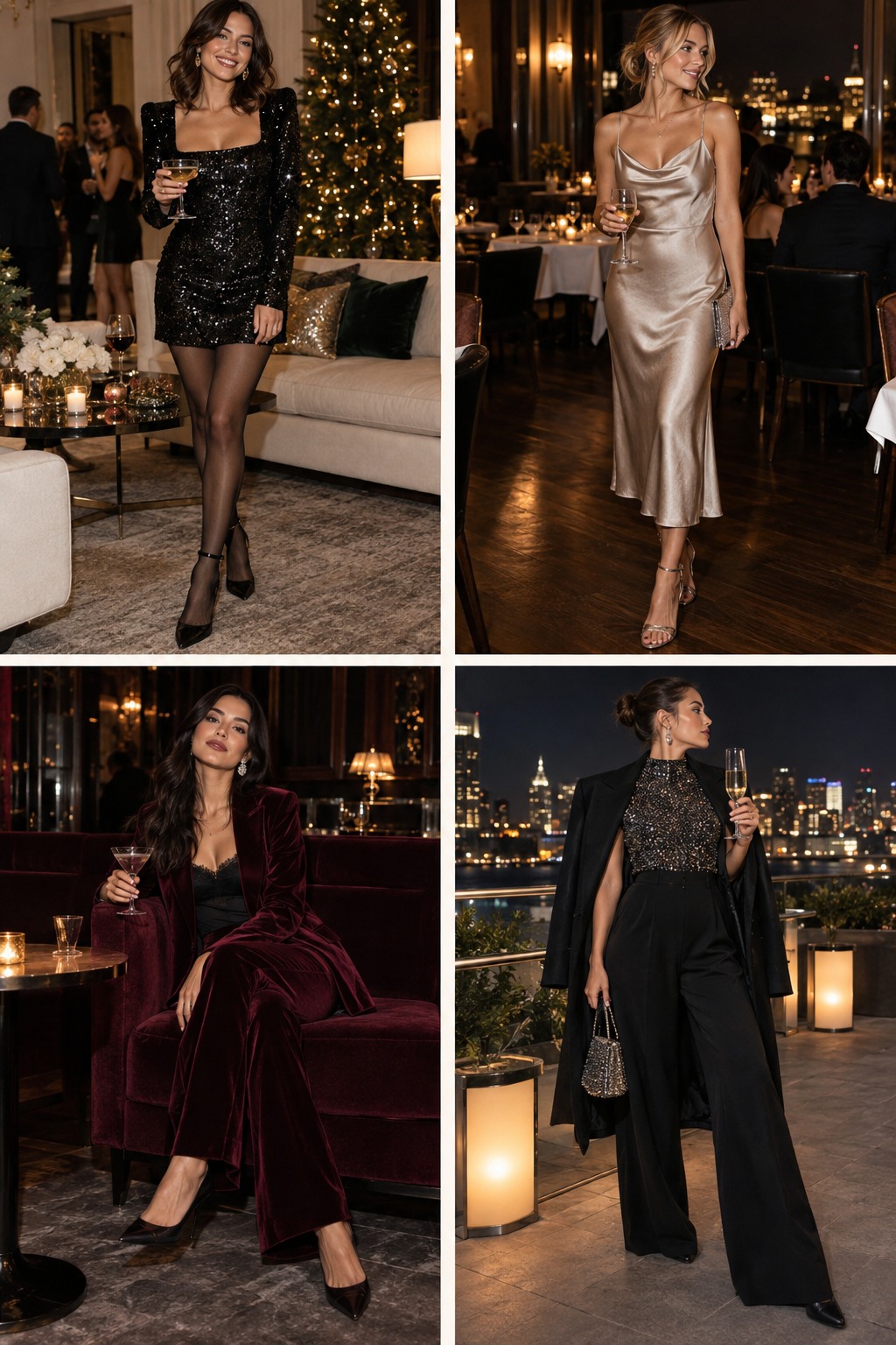 Visual guide to New Year's Eve outfits with polished colors, fabrics and layers.