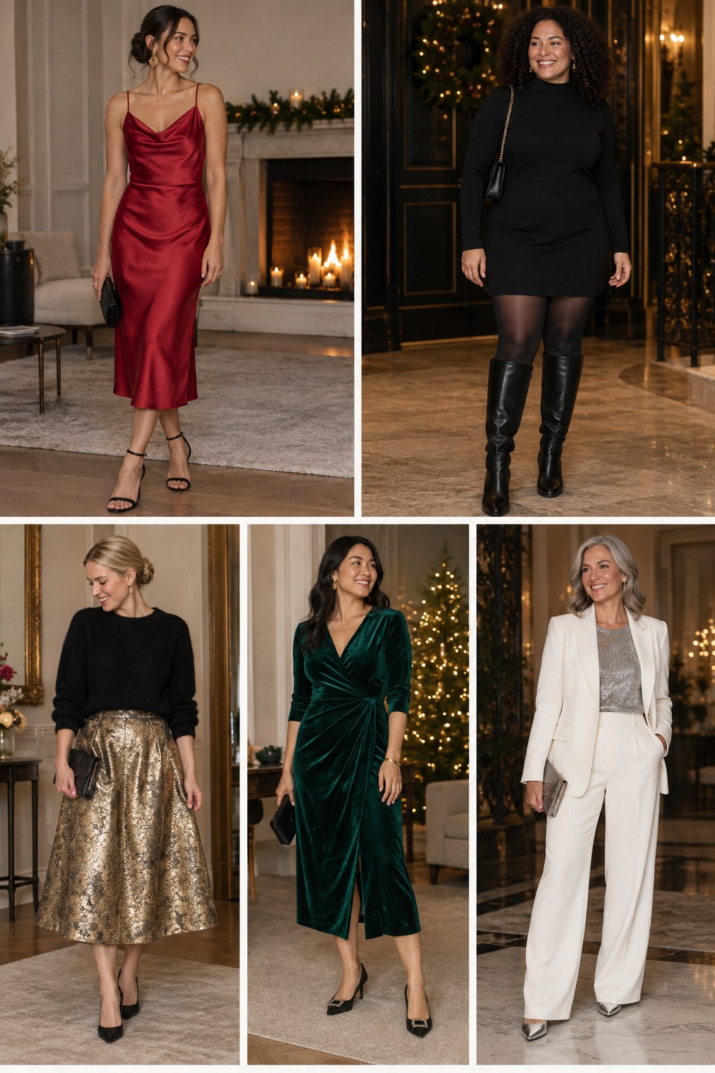 Five examples of New Year's Eve outfits with complete head-to-toe styling.