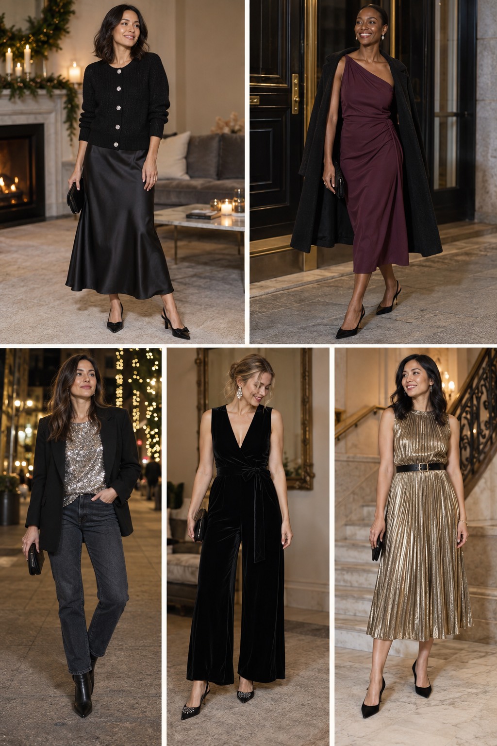 Five examples of New Year's Eve outfits with complete head-to-toe styling.