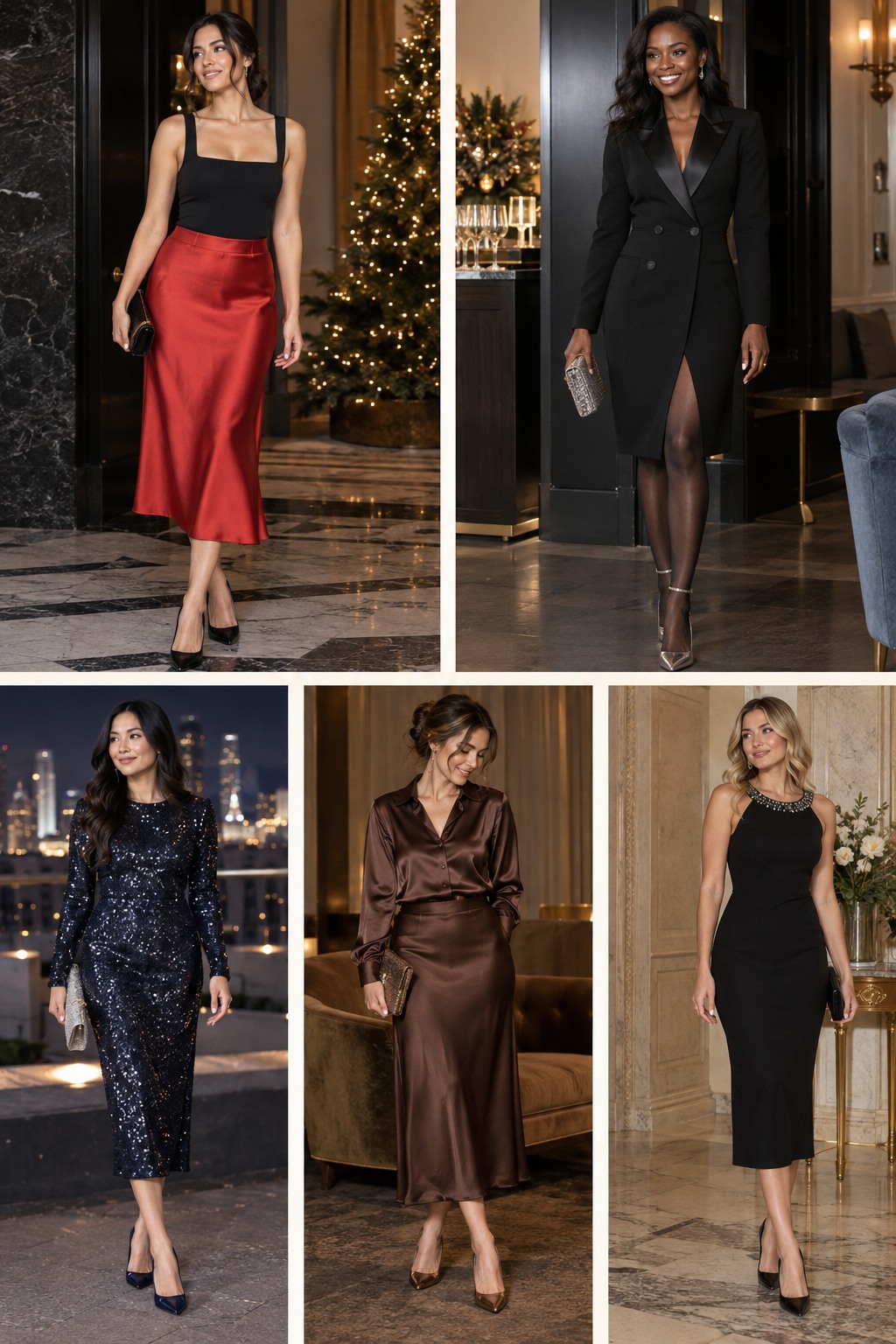 Five examples of New Year's Eve outfits with complete head-to-toe styling.