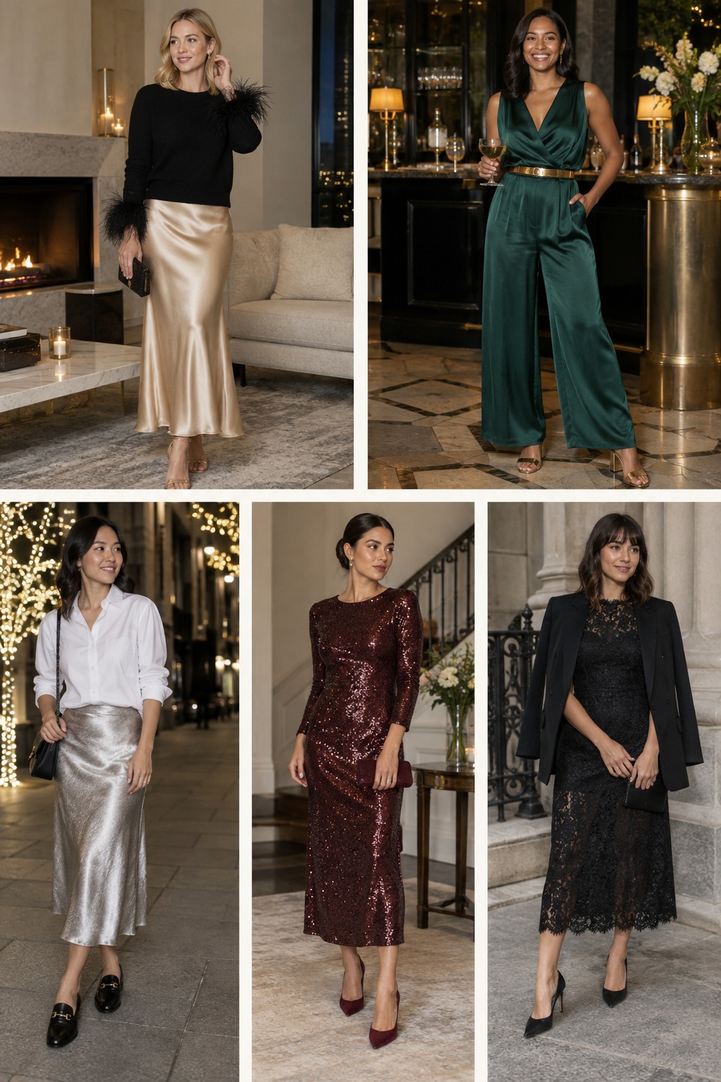 Five examples of New Year's Eve outfits with complete head-to-toe styling.