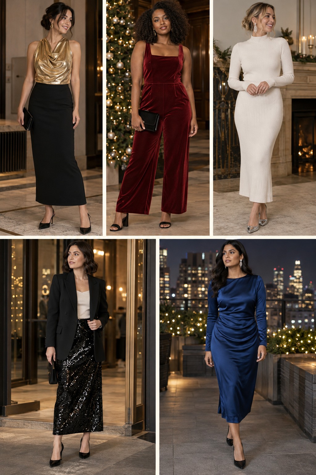 Five examples of New Year's Eve outfits with complete head-to-toe styling.