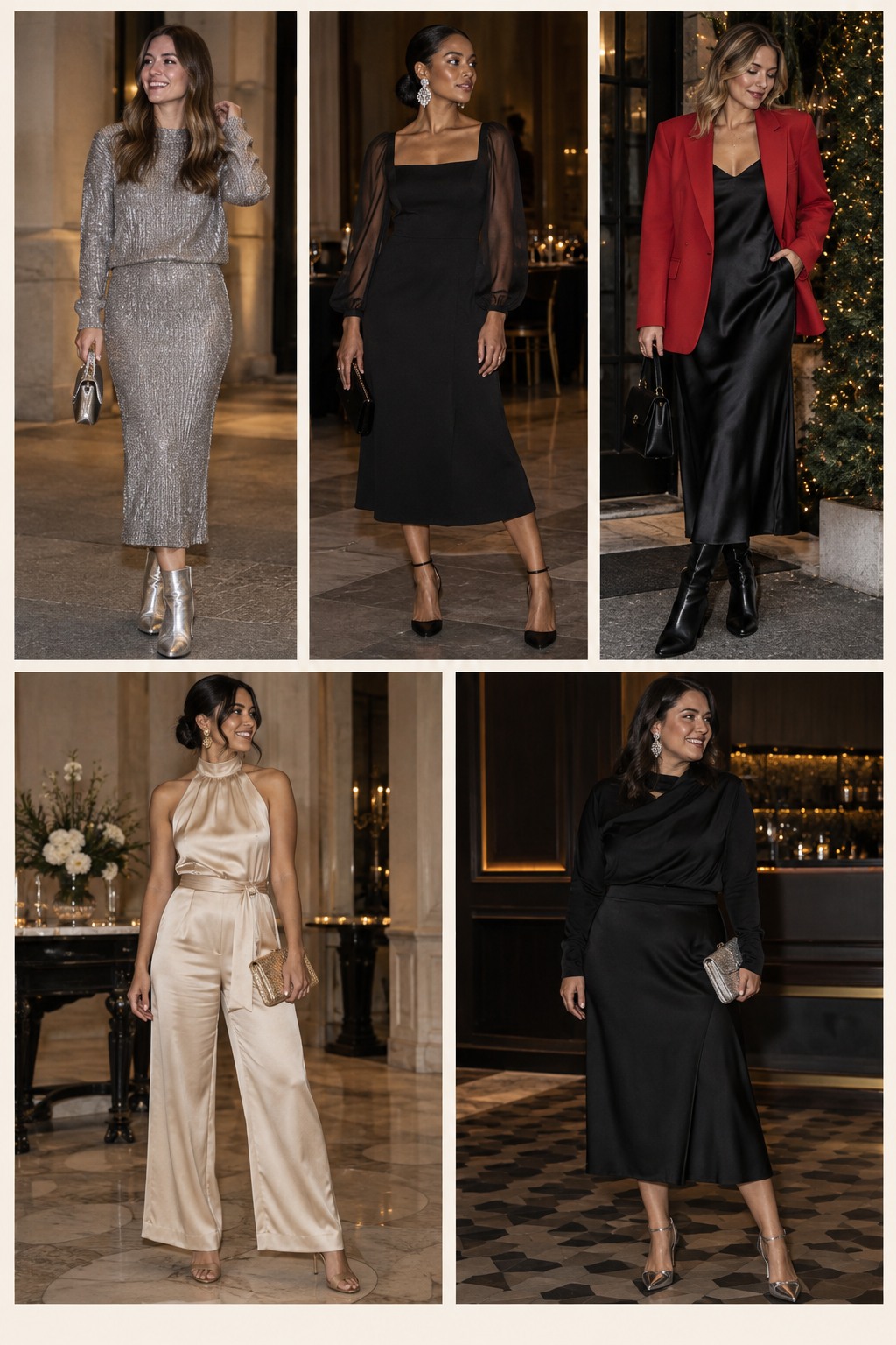 Five examples of New Year's Eve outfits with complete head-to-toe styling.