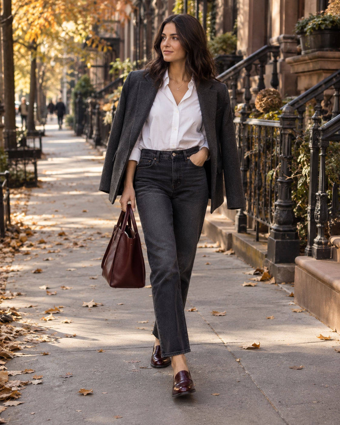 A woman in charcoal tailoring, a white shirt and dark jeans on a tree-lined city street
