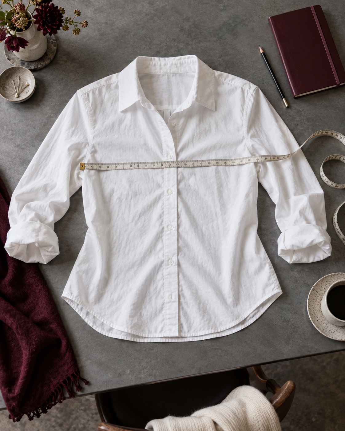 White cotton shirt laid flat with measuring tape across the chest, a closed notebook and pencil on a gray table.