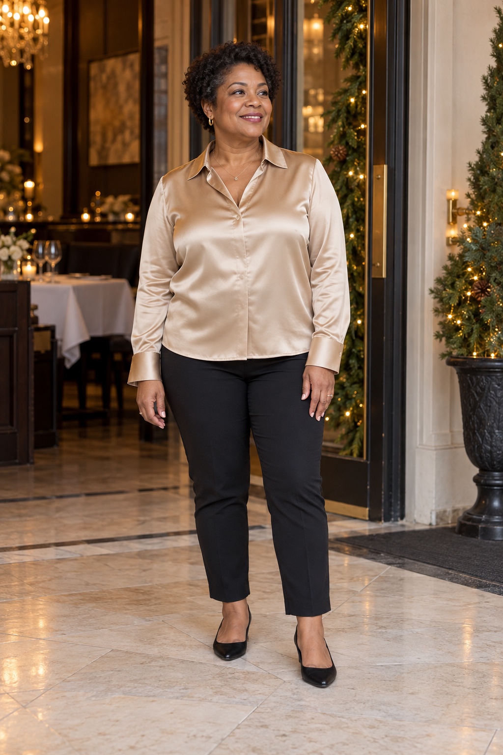 A petite woman wears a champagne blouse with black ankle pants and black flats.