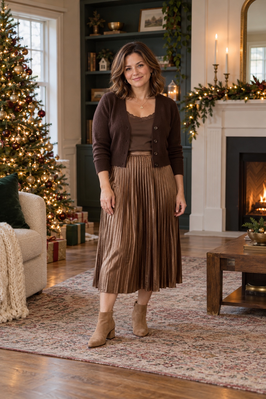 A petite woman wears a chocolate cardigan, bronze pleated skirt and tan ankle boots.
