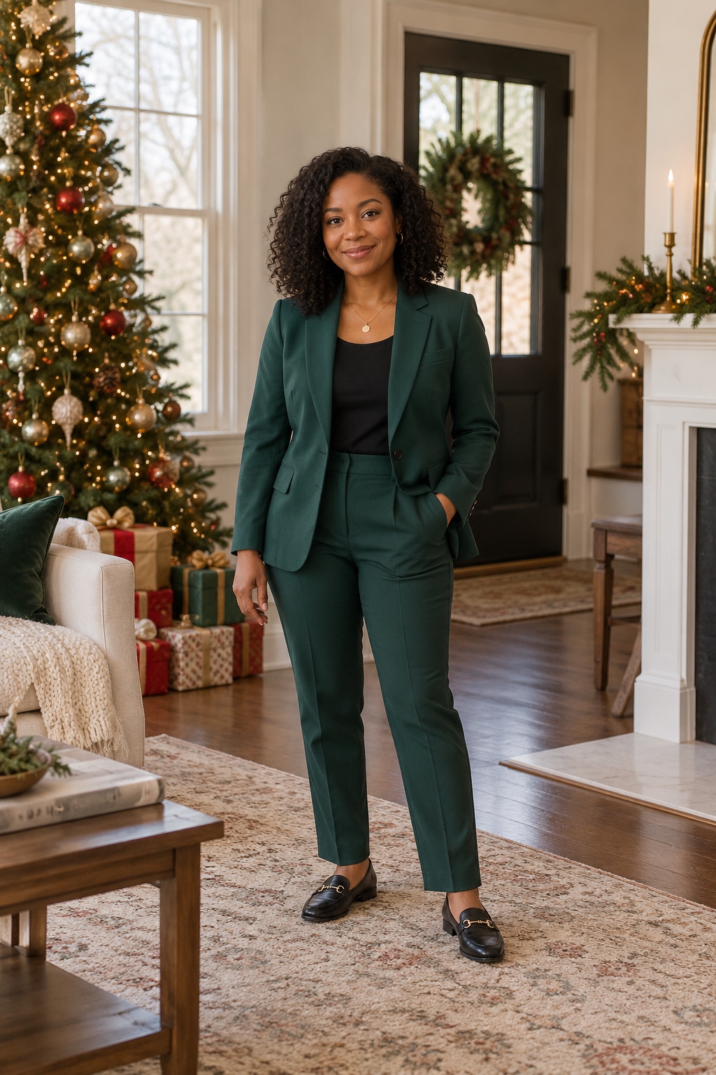 A petite woman wears a forest-green pantsuit with a black top and black loafers.