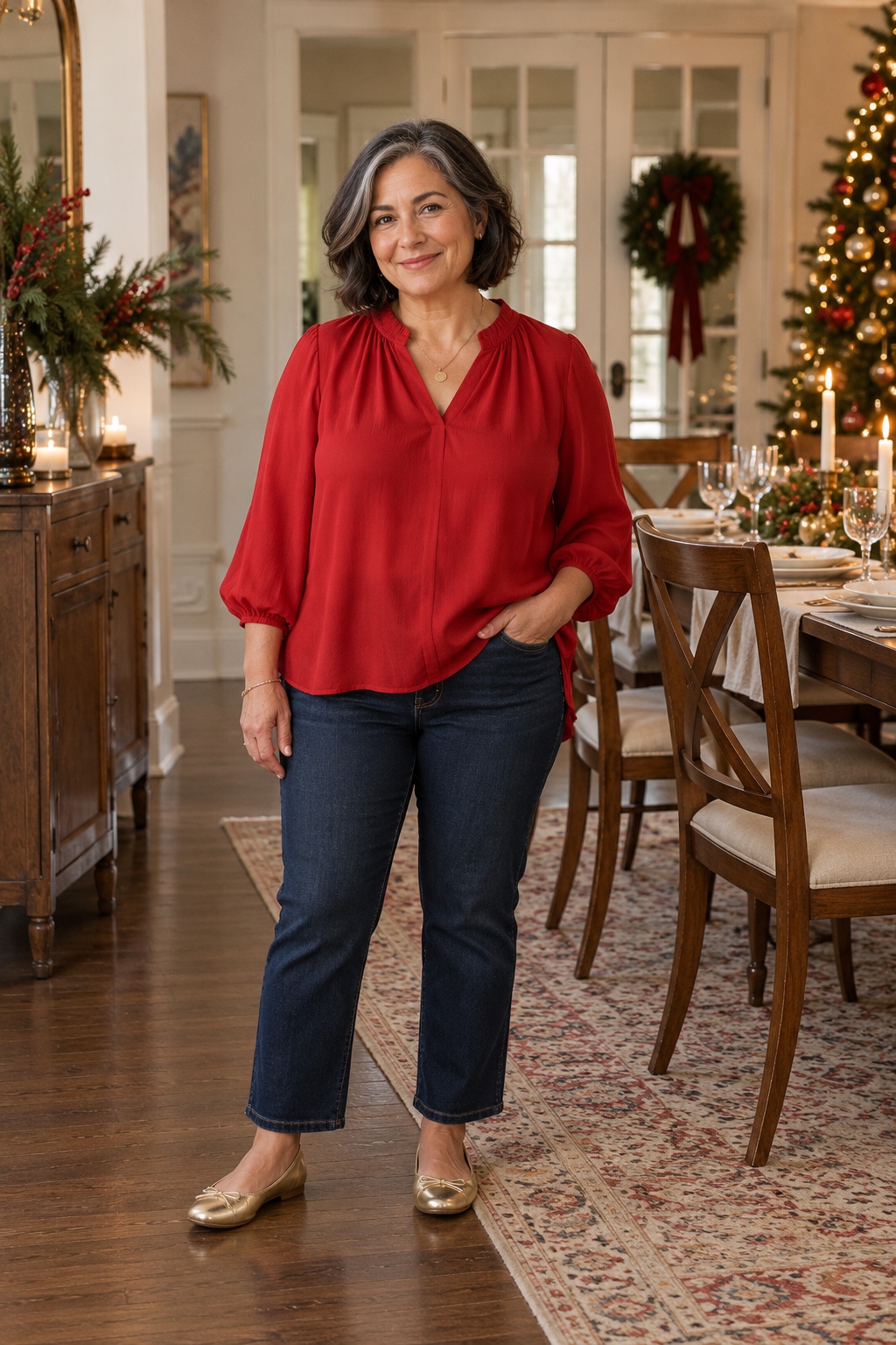 A petite woman wears a red blouse, dark straight-leg jeans and gold ballet flats.