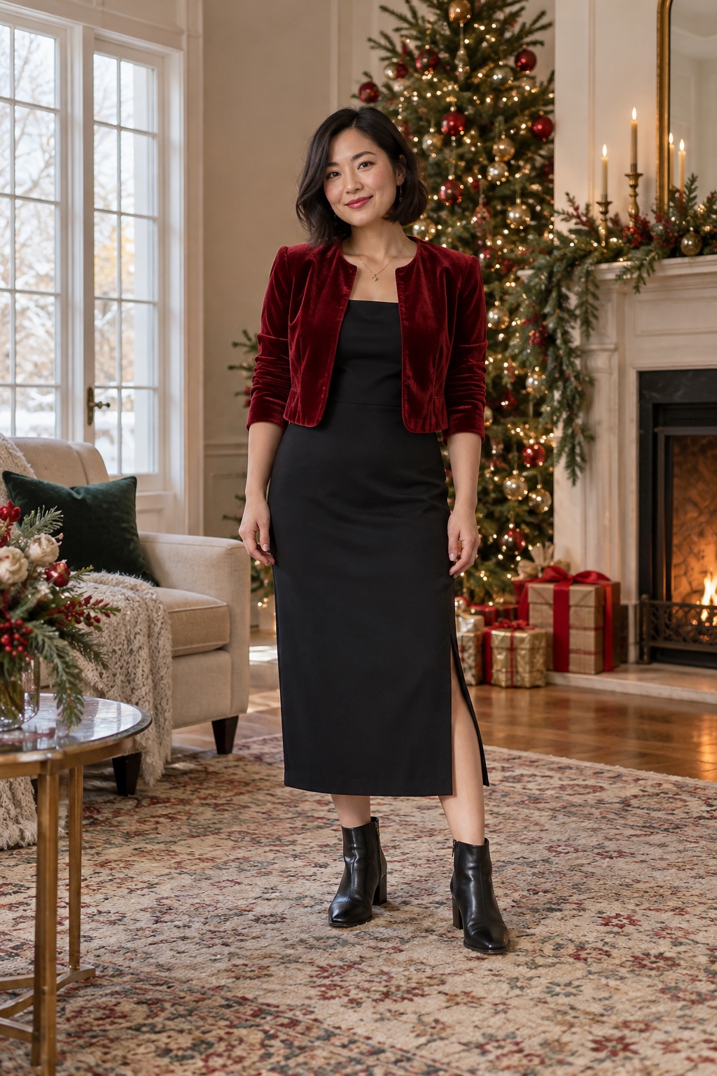 A petite woman wears a red velvet jacket over a black midi dress with black ankle boots.