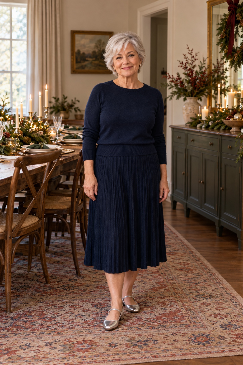 A petite woman wears navy knit separates with silver Mary Janes.