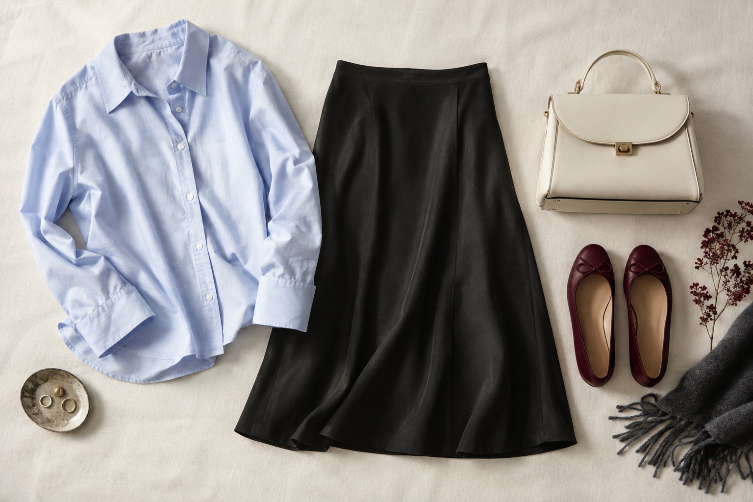 Pale blue shirt, black midi skirt, burgundy ballet flats and structured cream bag arranged on ivory canvas.