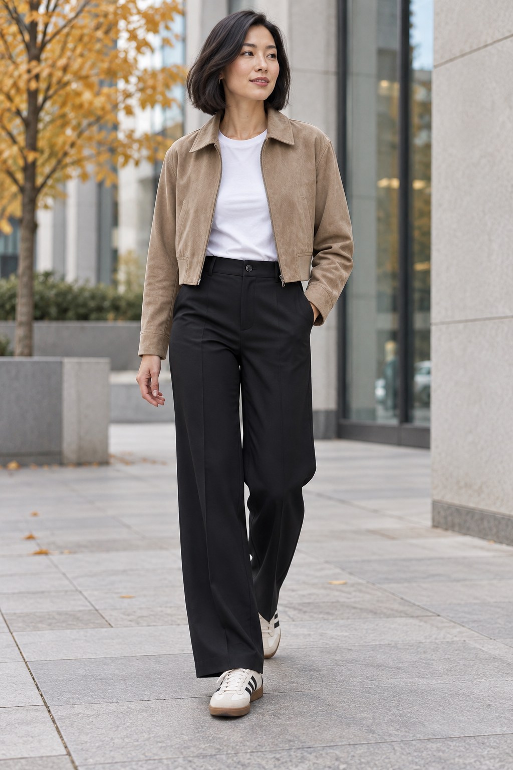 Woman wearing a cropped tan faux-suede jacket, white T-shirt, black wide-leg trousers, and cream sneakers in a modern city setting.