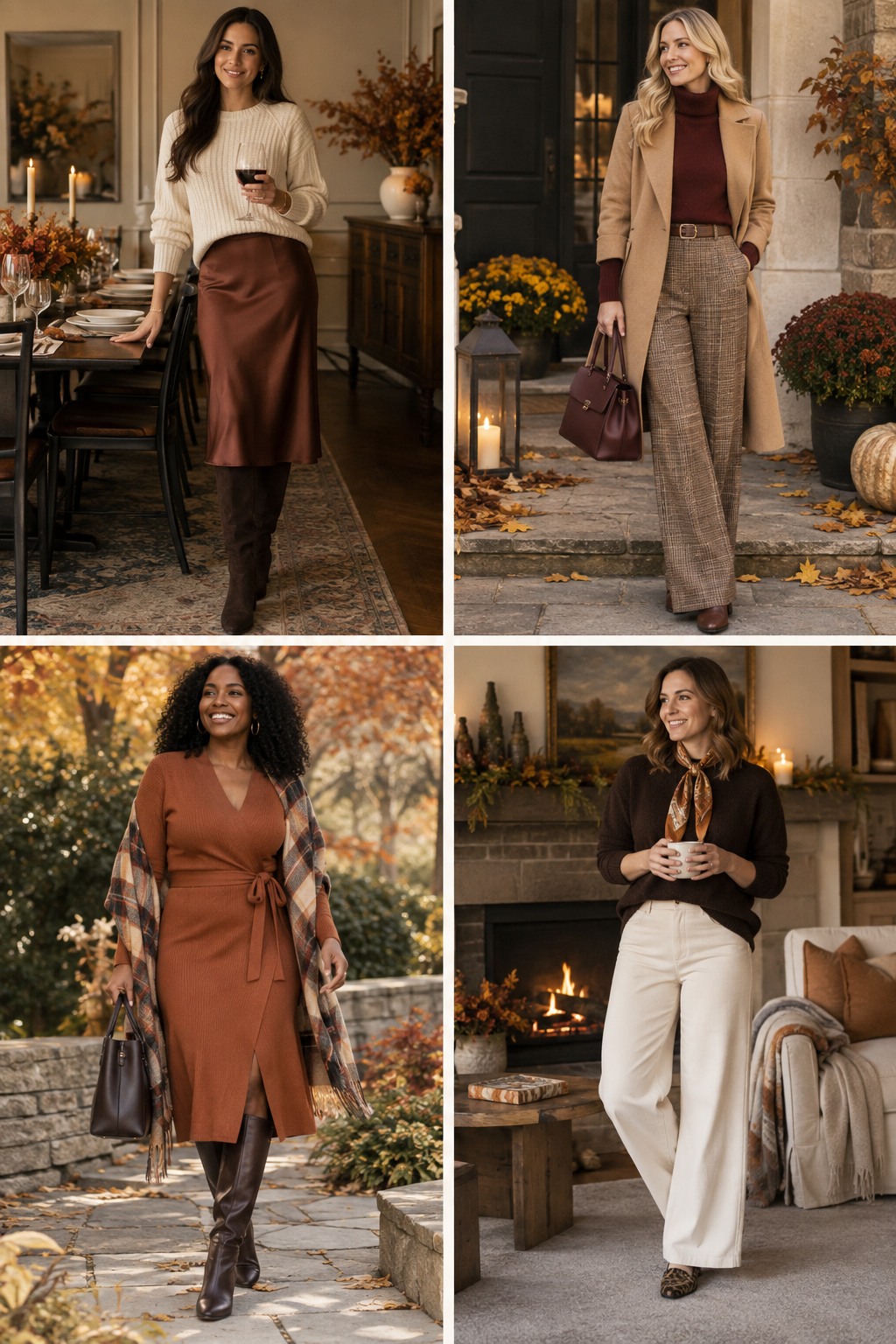 Four practical examples of Thanksgiving dinner outfits in warm autumn colors.
