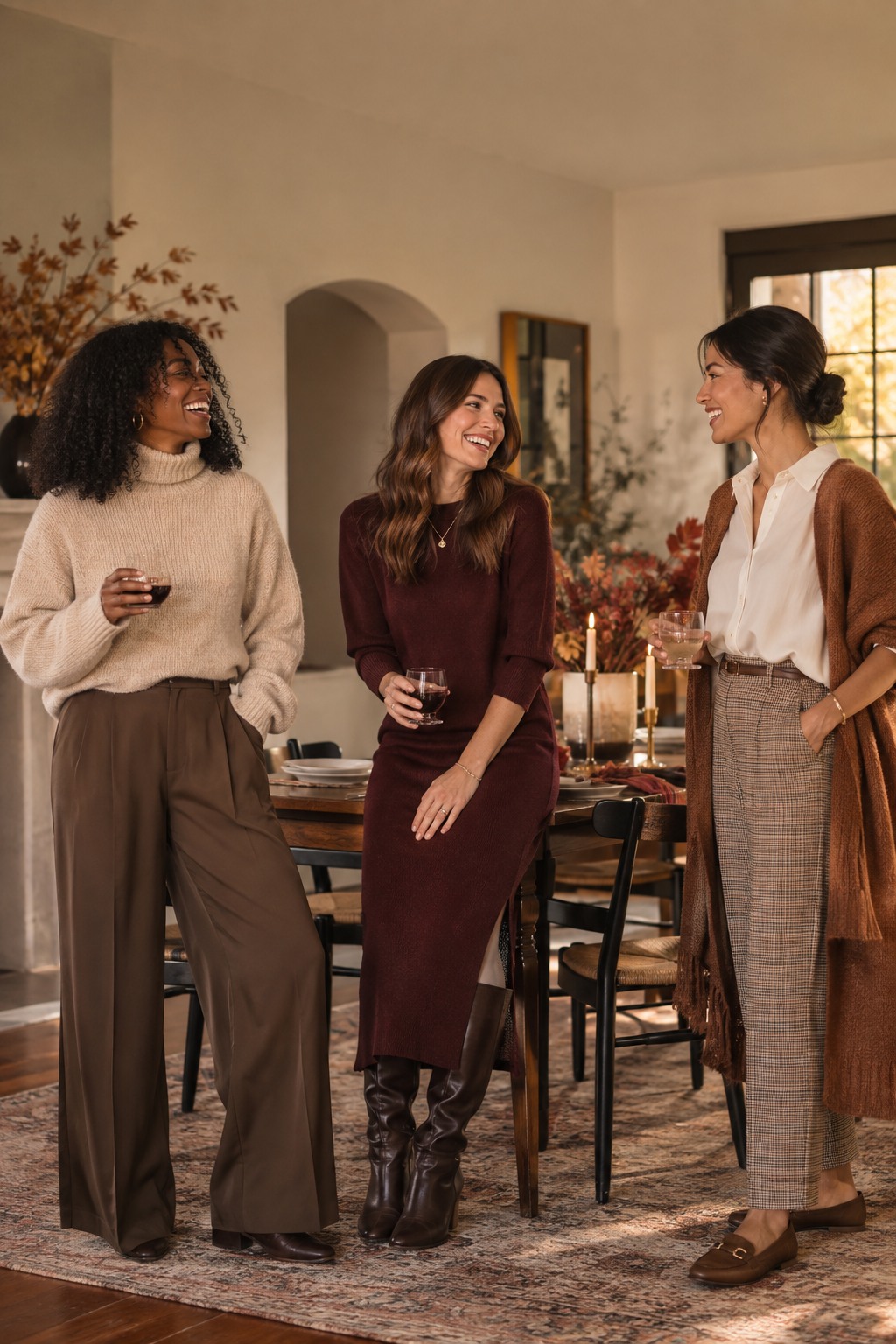 Editorial group of women wearing Thanksgiving dinner outfits in a warm late-autumn setting.