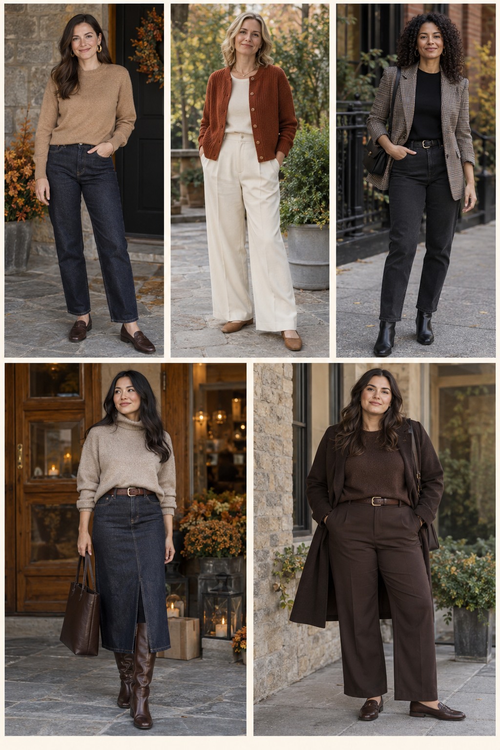 Five Thanksgiving dinner outfits featuring comfortable fall layers and polished accessories.