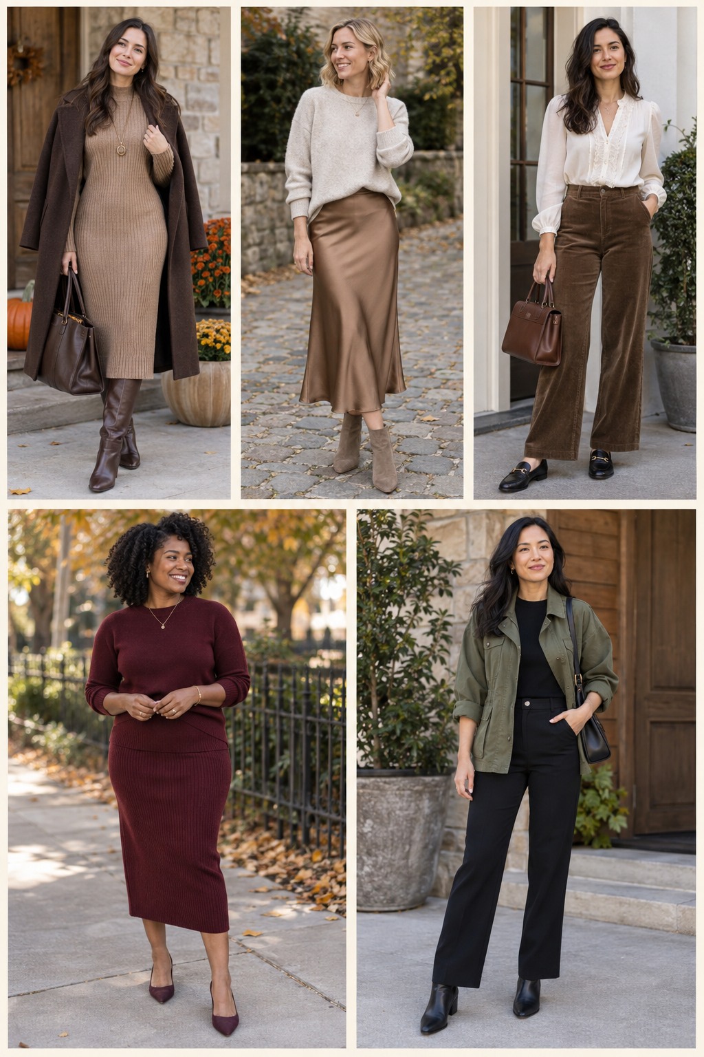 Five Thanksgiving dinner outfits featuring comfortable fall layers and polished accessories.