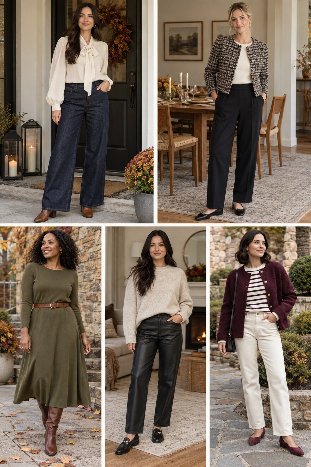 Five Thanksgiving dinner outfits featuring comfortable fall layers and polished accessories.