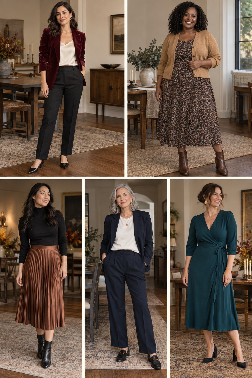 Five Thanksgiving dinner outfits featuring comfortable fall layers and polished accessories.