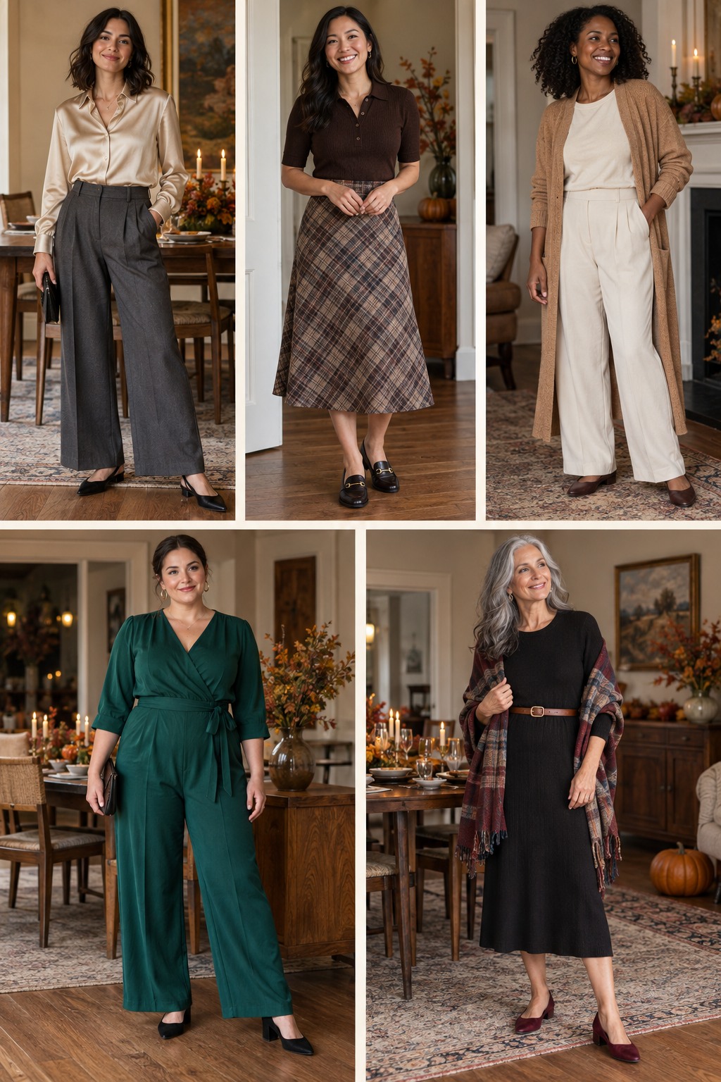 Five Thanksgiving dinner outfits featuring comfortable fall layers and polished accessories.