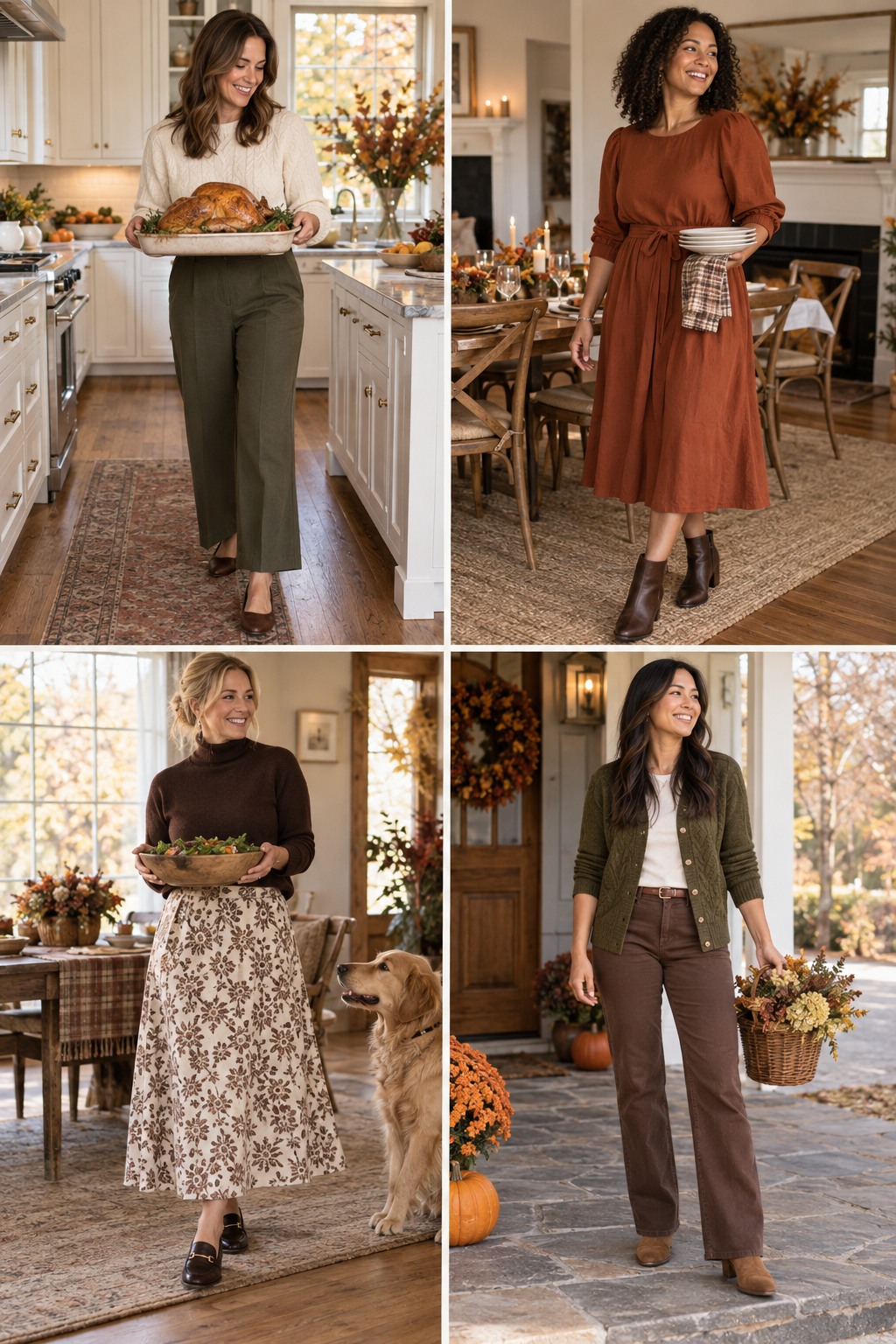Four practical examples of Thanksgiving hostess outfits in warm autumn colors.