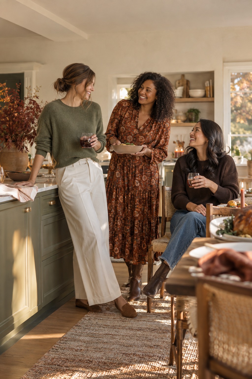 Editorial group of women wearing Thanksgiving hostess outfits in a warm late-autumn setting.