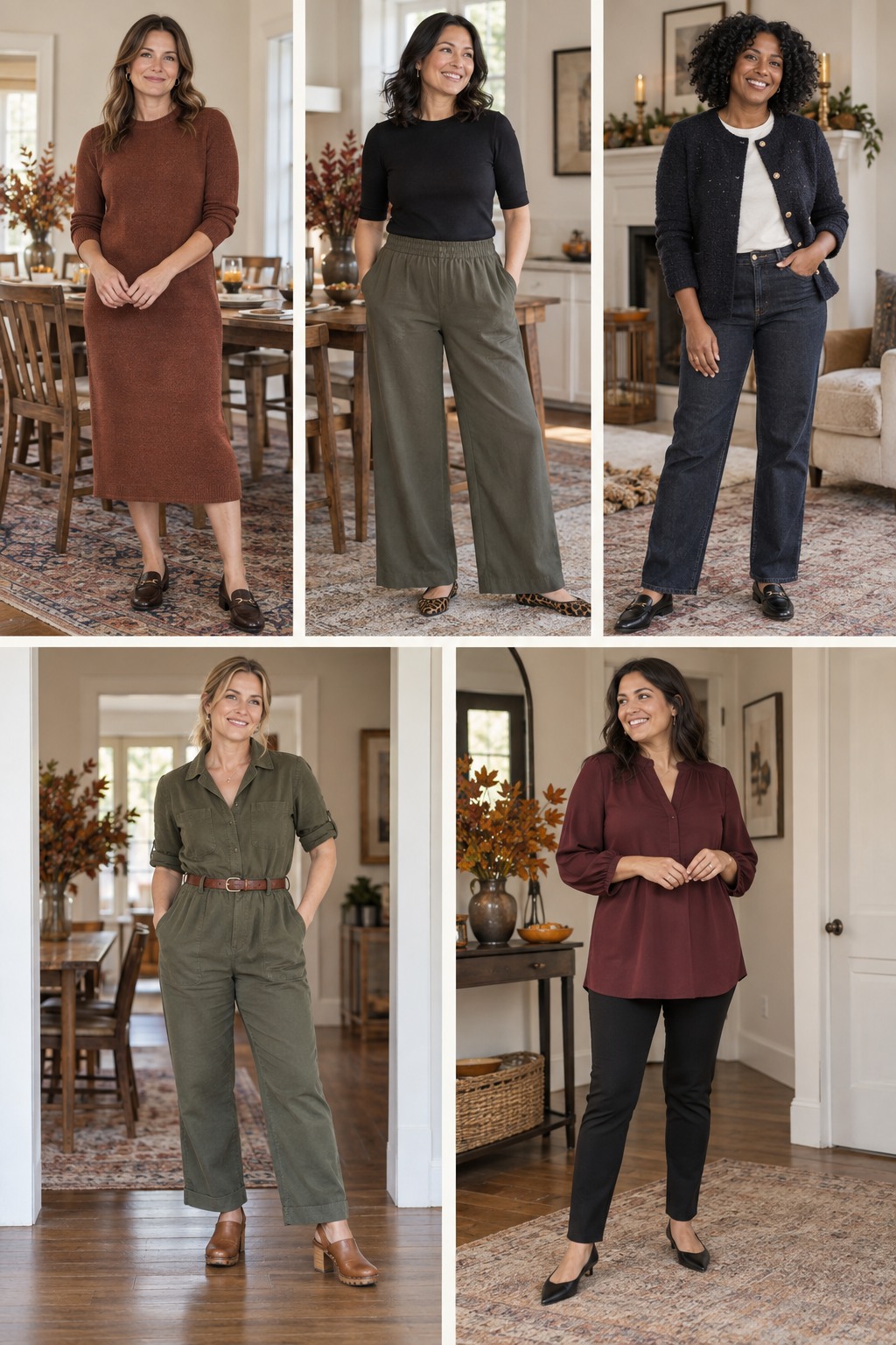 Five Thanksgiving hostess outfits featuring comfortable fall layers and polished accessories.