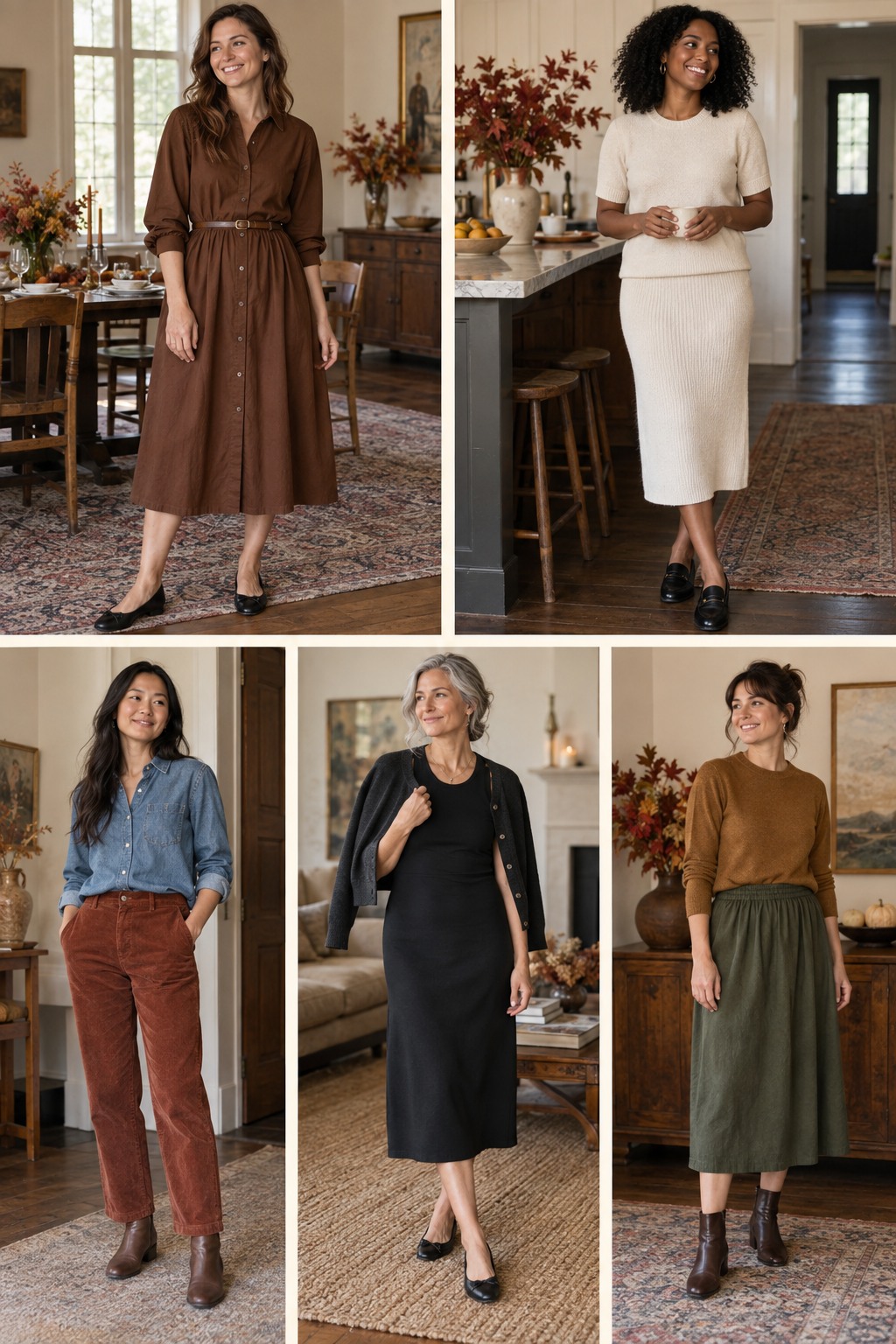 Five Thanksgiving hostess outfits featuring comfortable fall layers and polished accessories.