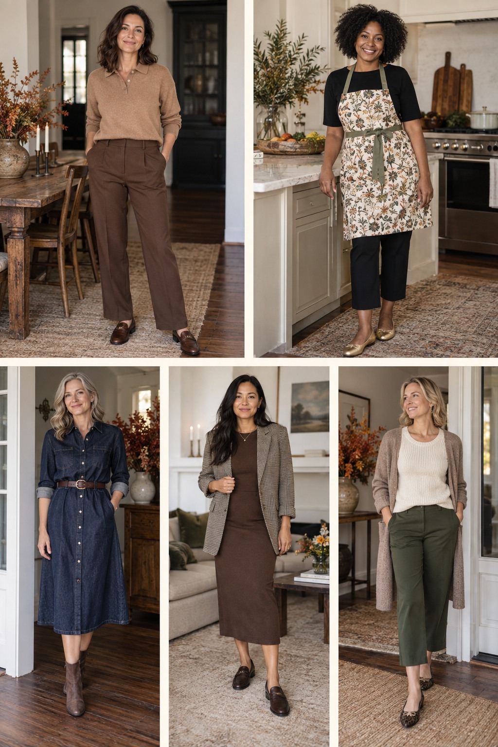 Five Thanksgiving hostess outfits featuring comfortable fall layers and polished accessories.