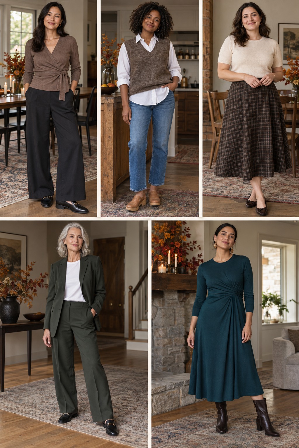 Five Thanksgiving hostess outfits featuring comfortable fall layers and polished accessories.
