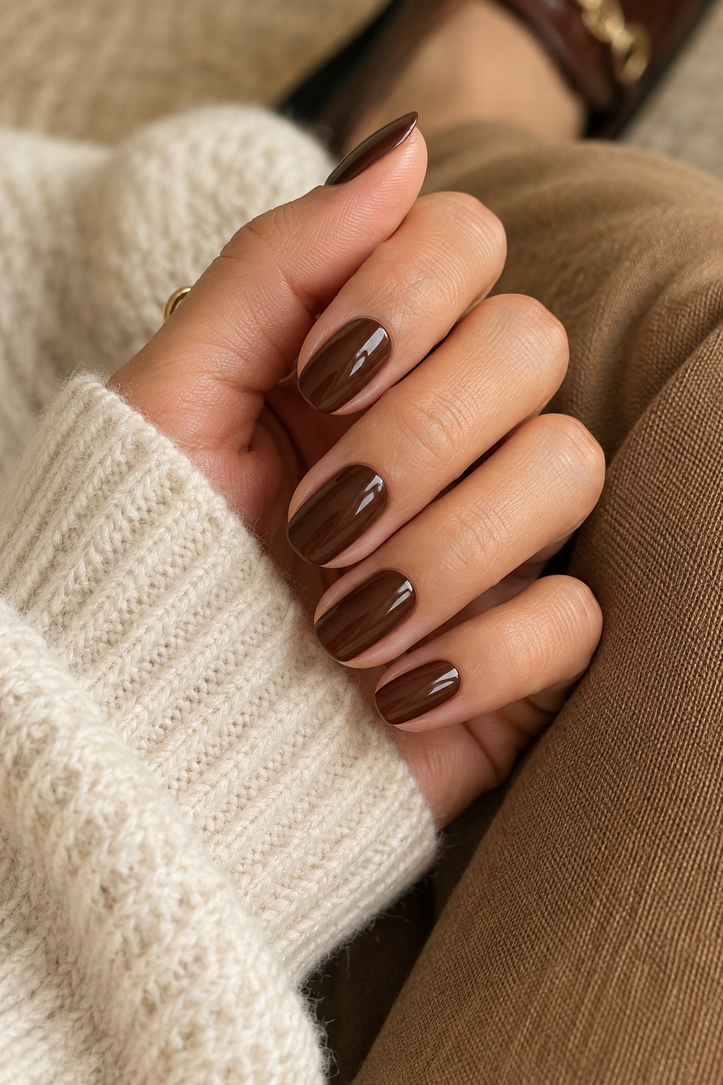 Large manicure and outfit example for thanksgiving nail ideas.