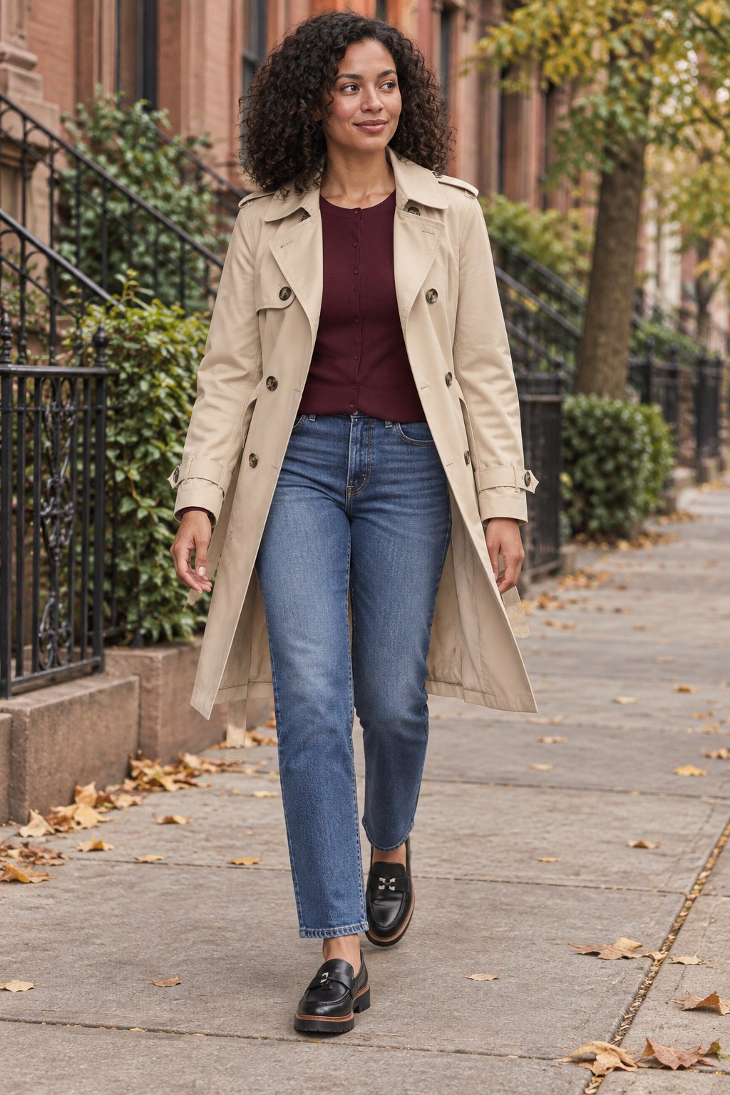 A woman in a stone trench coat, burgundy cardigan, straight blue jeans and black loafers on a brownstone sidewalk