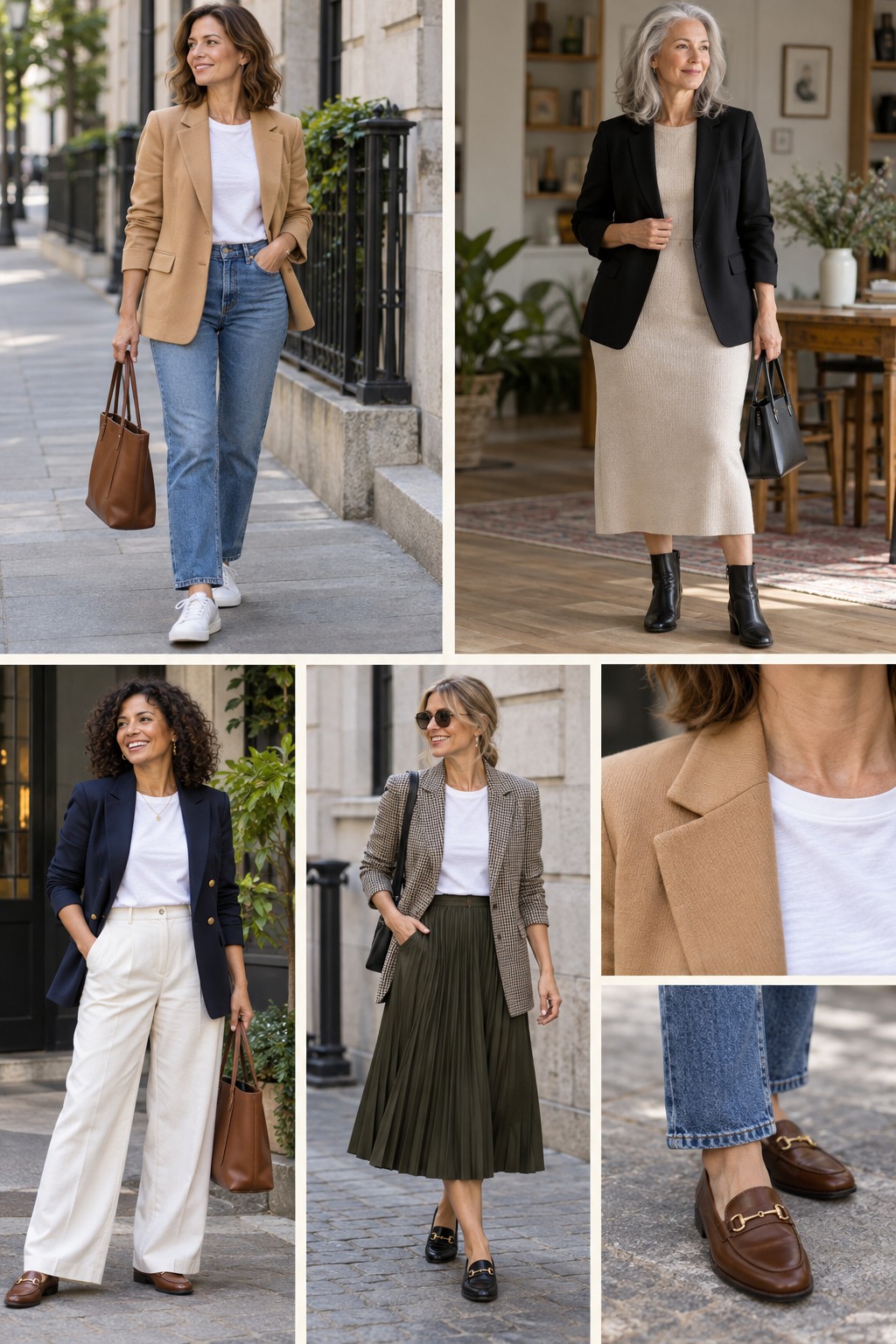 Realistic outfit examples for ways to wear a blazer.