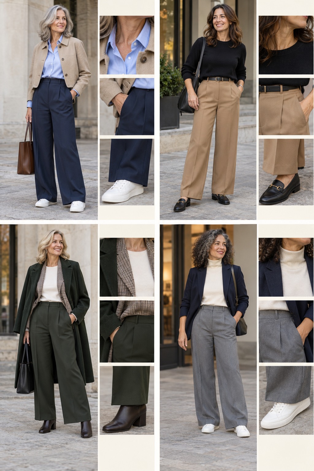 Visual guide showing ways to wear wide-leg pants with realistic proportions and styling details.