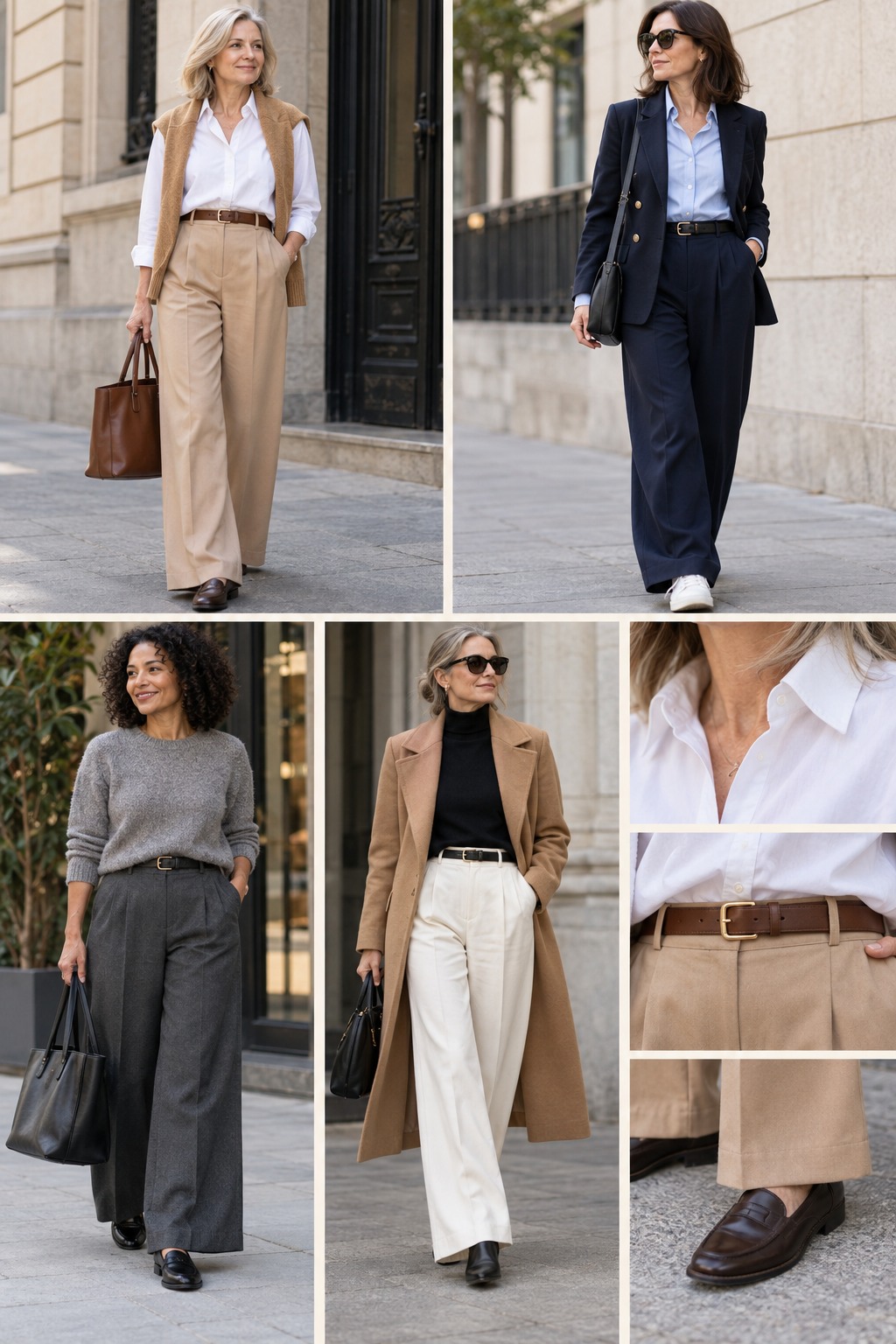 Realistic outfit examples for ways to wear wide-leg pants.
