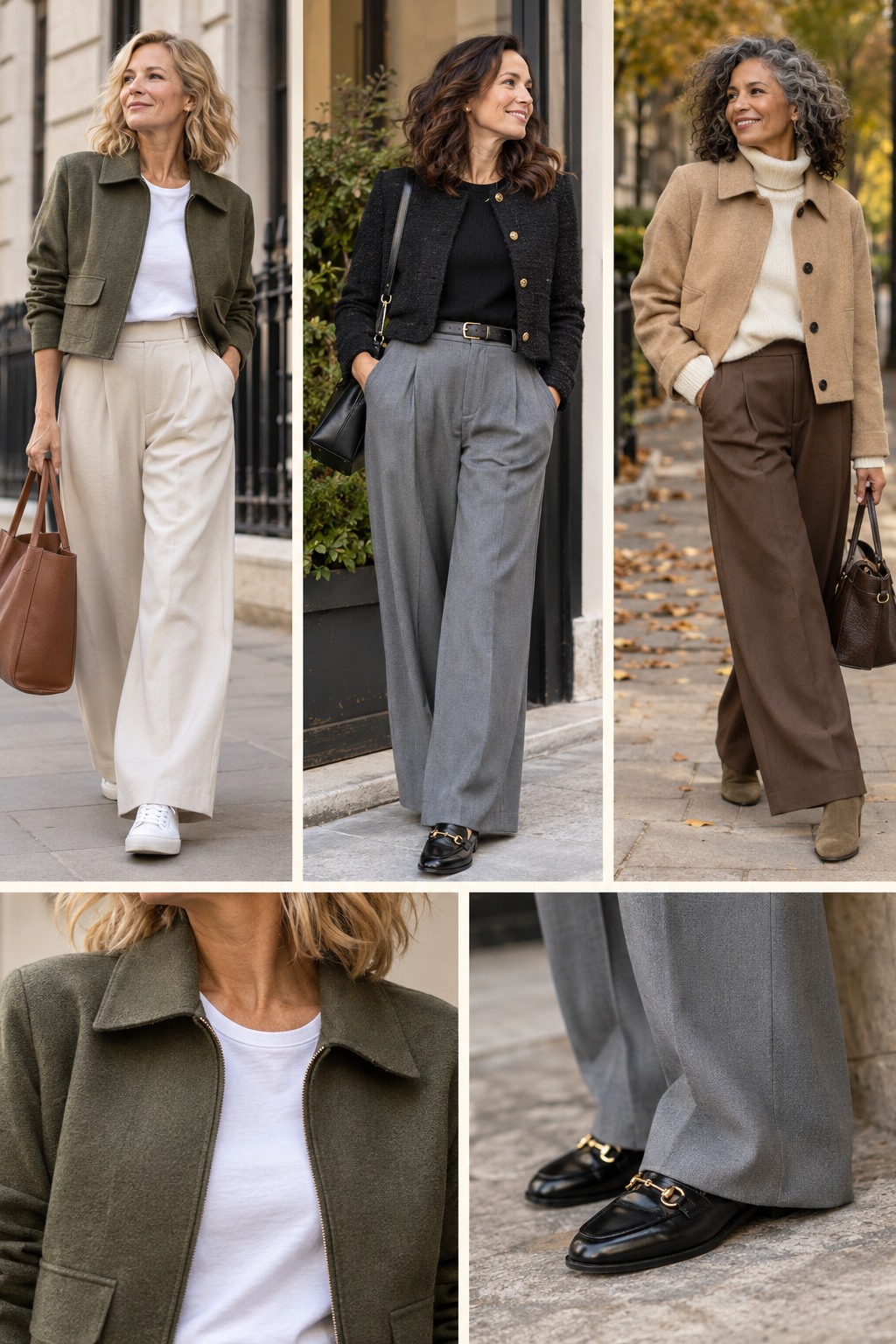 Realistic outfit examples for ways to wear wide-leg pants.