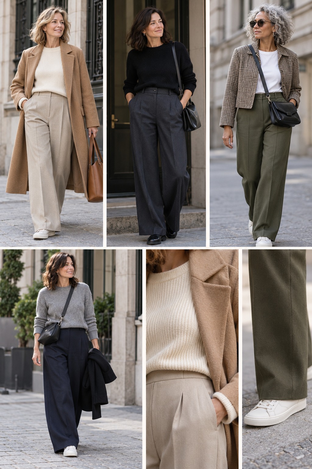Realistic outfit examples for ways to wear wide-leg pants.