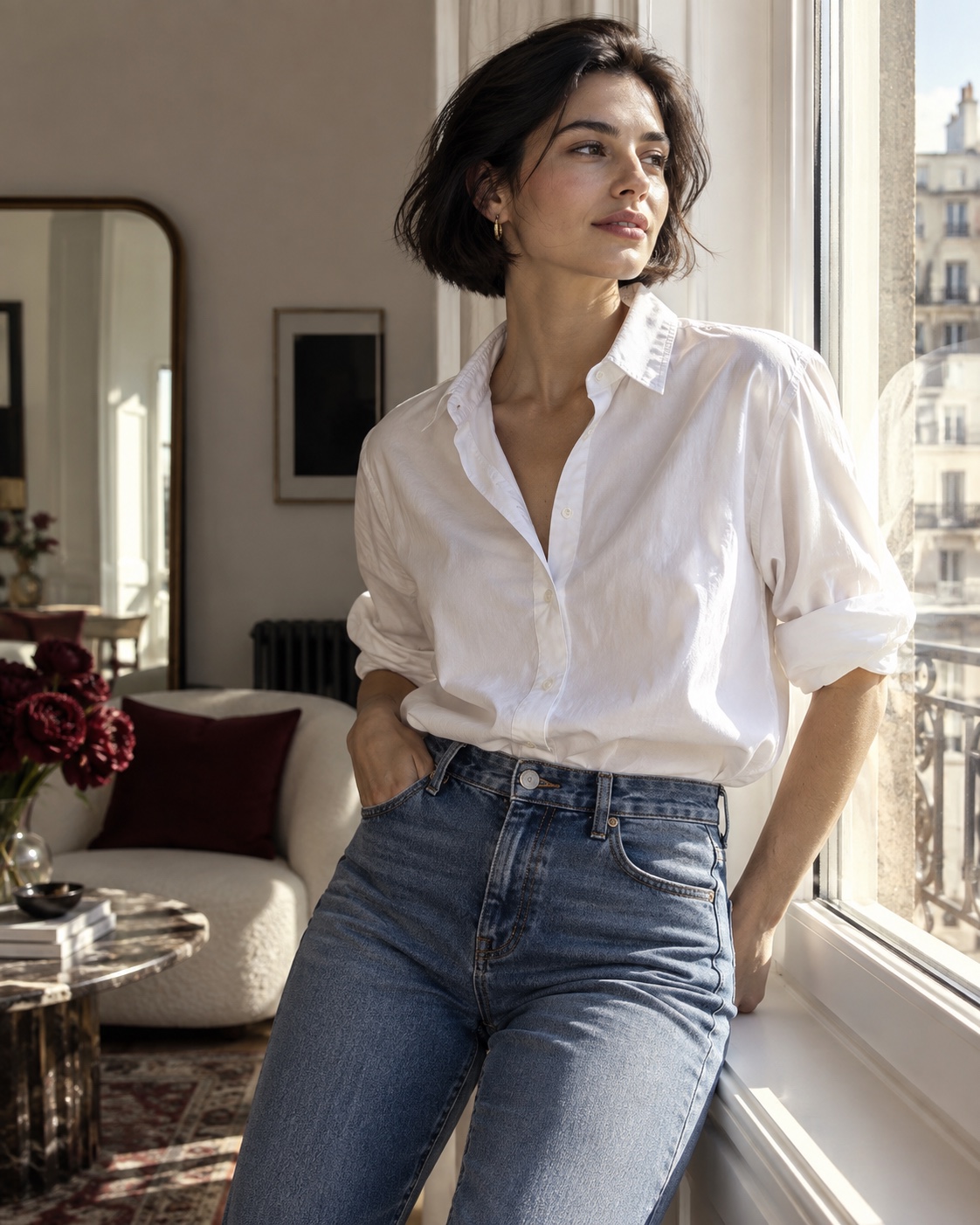 Woman with a short dark bob in an oversized white shirt and blue jeans beside a sunlit apartment window.